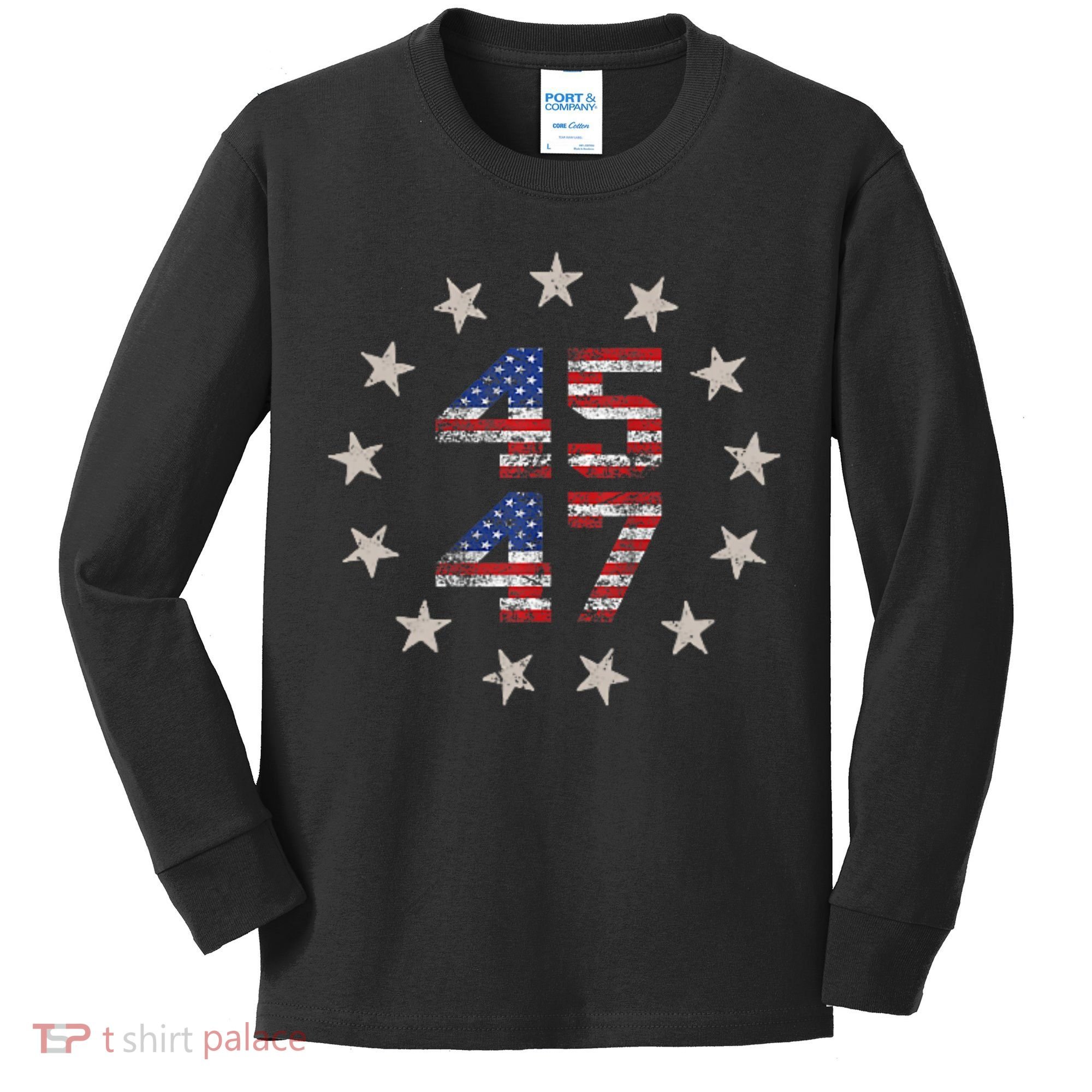 45 47 Trump 2024 American Flag Front And Back Kids Long Sleeve Shirt