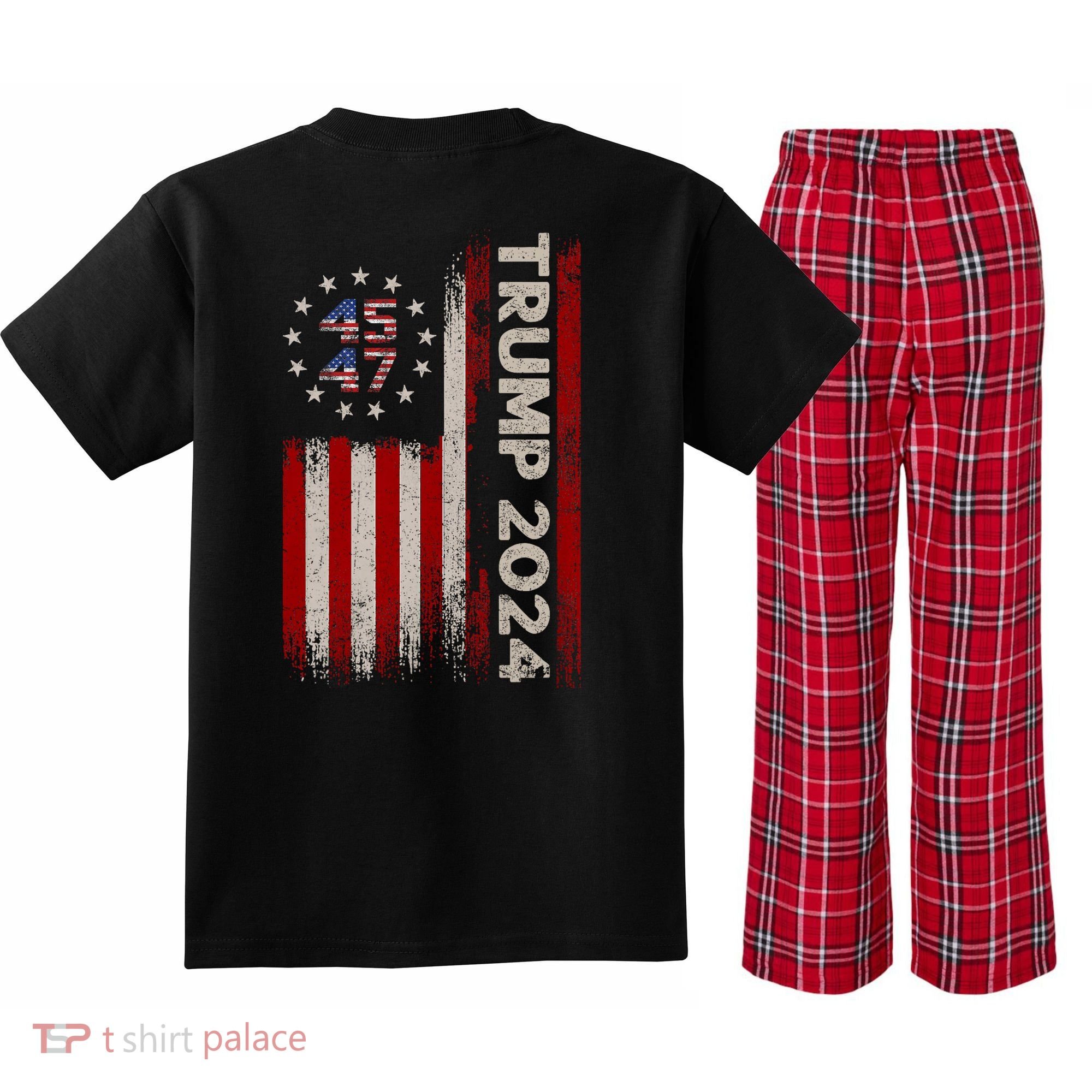 45 47 Trump 2024 American Flag Front And Back Kids Plaid Pajama Set