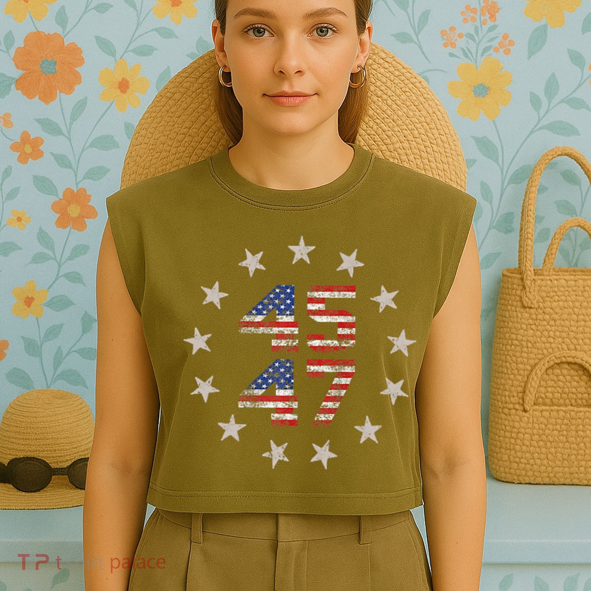 45 47 Trump 2024 American Flag Front And Back Garment-Dyed Women's Muscle Tee