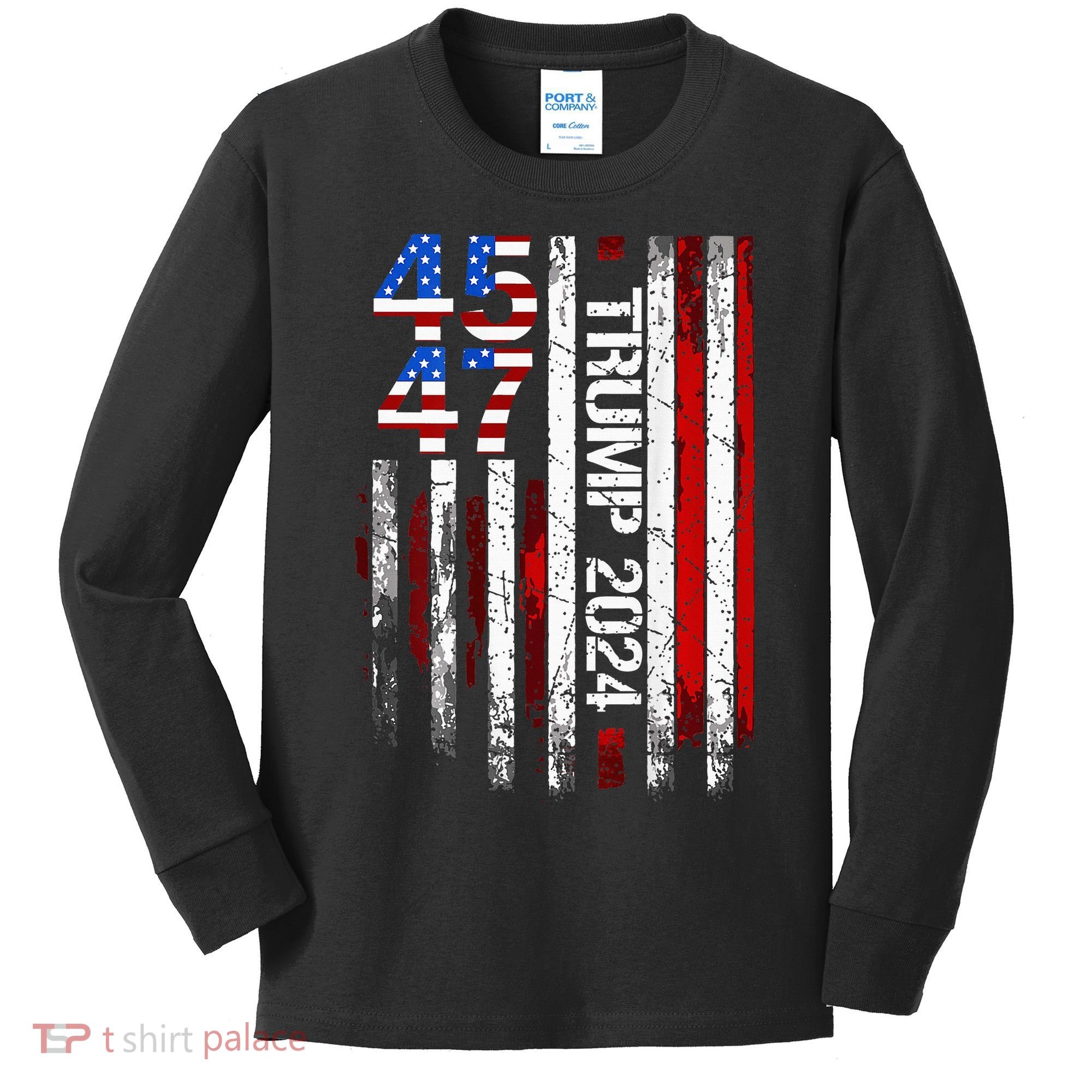 45 47 Trump 2024 American Flag Kids Long Sleeve Shirt