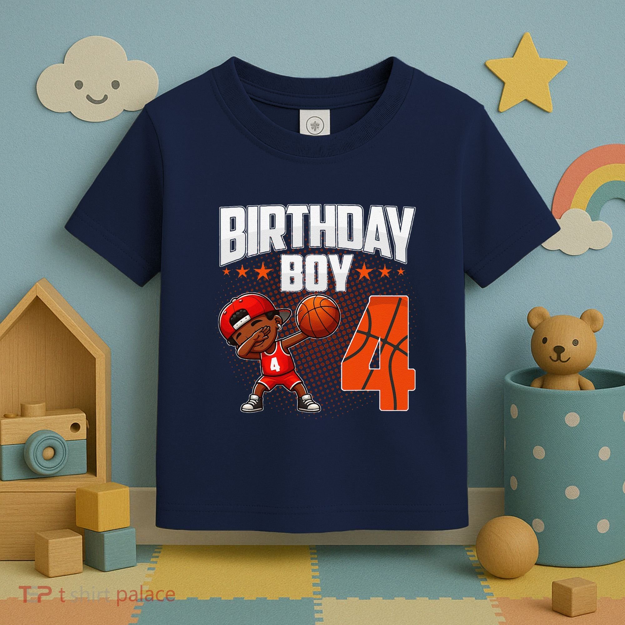 4th Birthday Boy Basketball Dabbing 4 Years Old Afro Boy Toddler T-Shirt