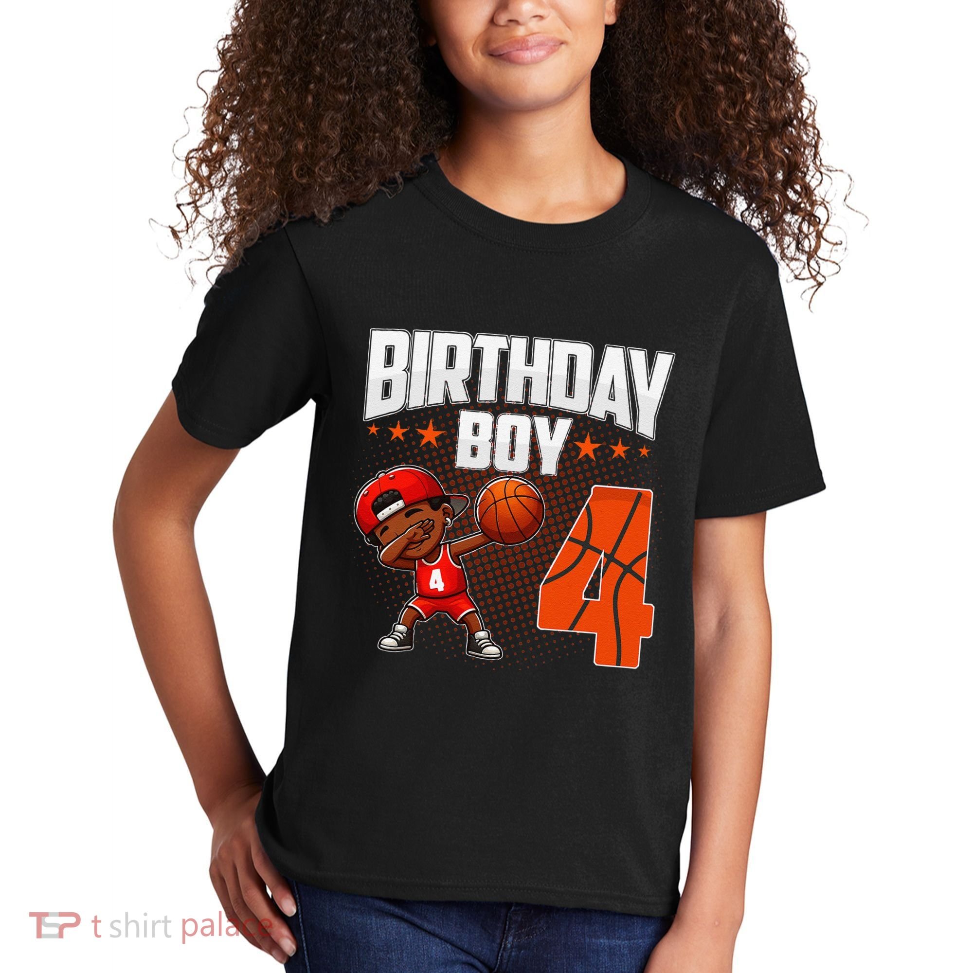 4th Birthday Boy Basketball Dabbing 4 Years Old Afro Boy Kids T-Shirt