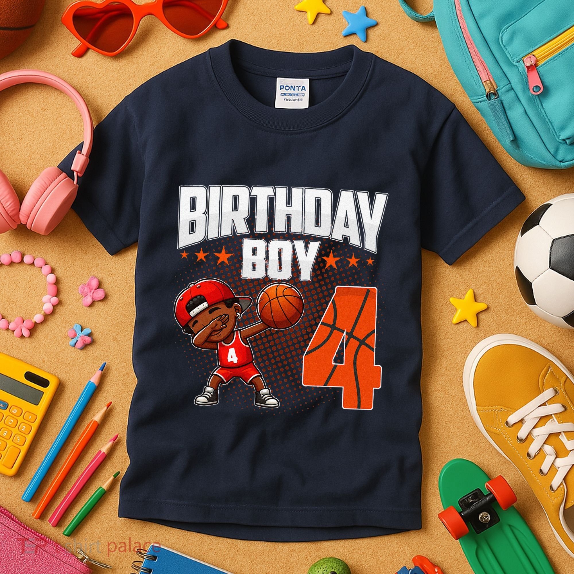 4th Birthday Boy Basketball Dabbing 4 Years Old Afro Boy Kids T-Shirt