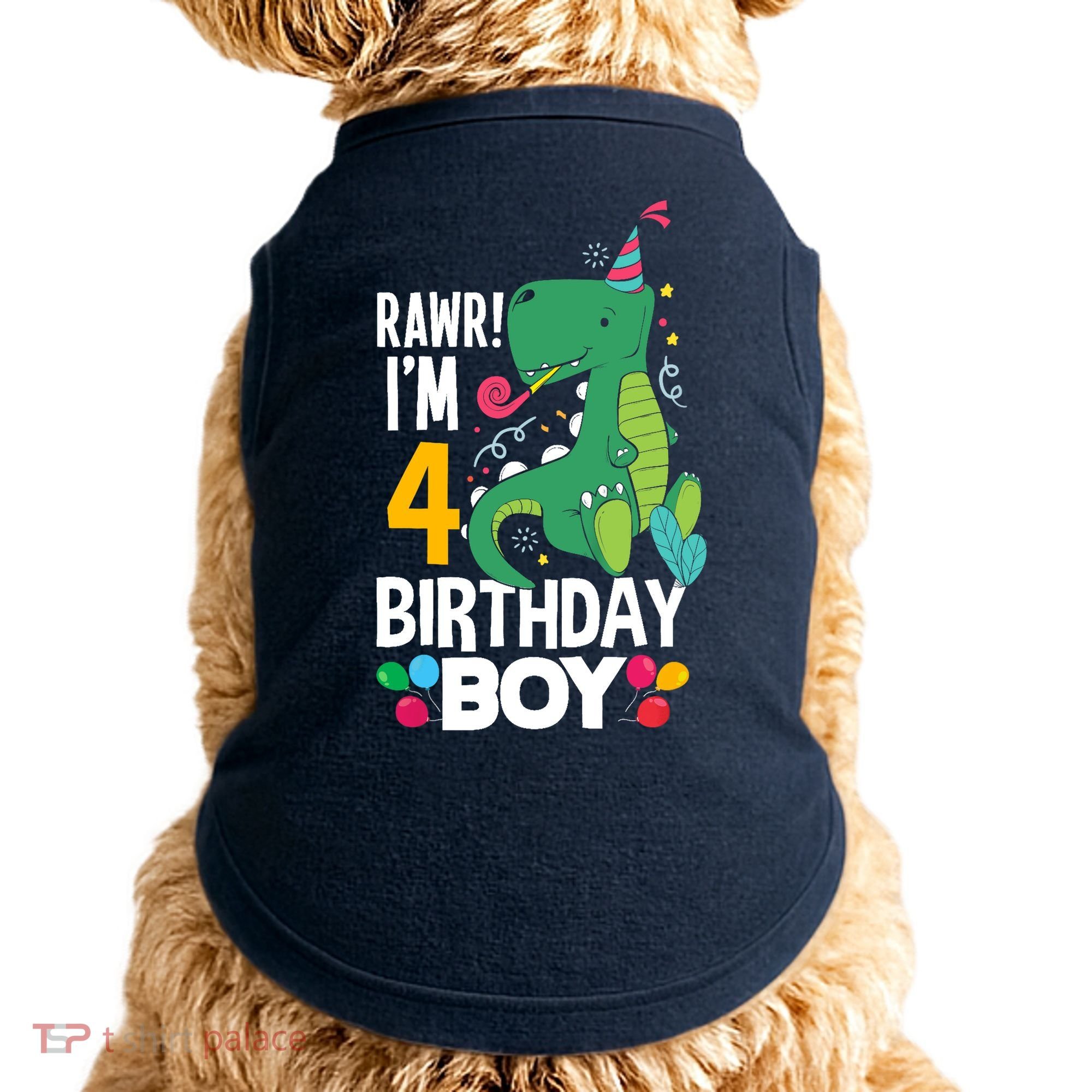4th Birthday Boy 4 Year Old Birthday Boy T Rex Dinosaur Doggie Tank