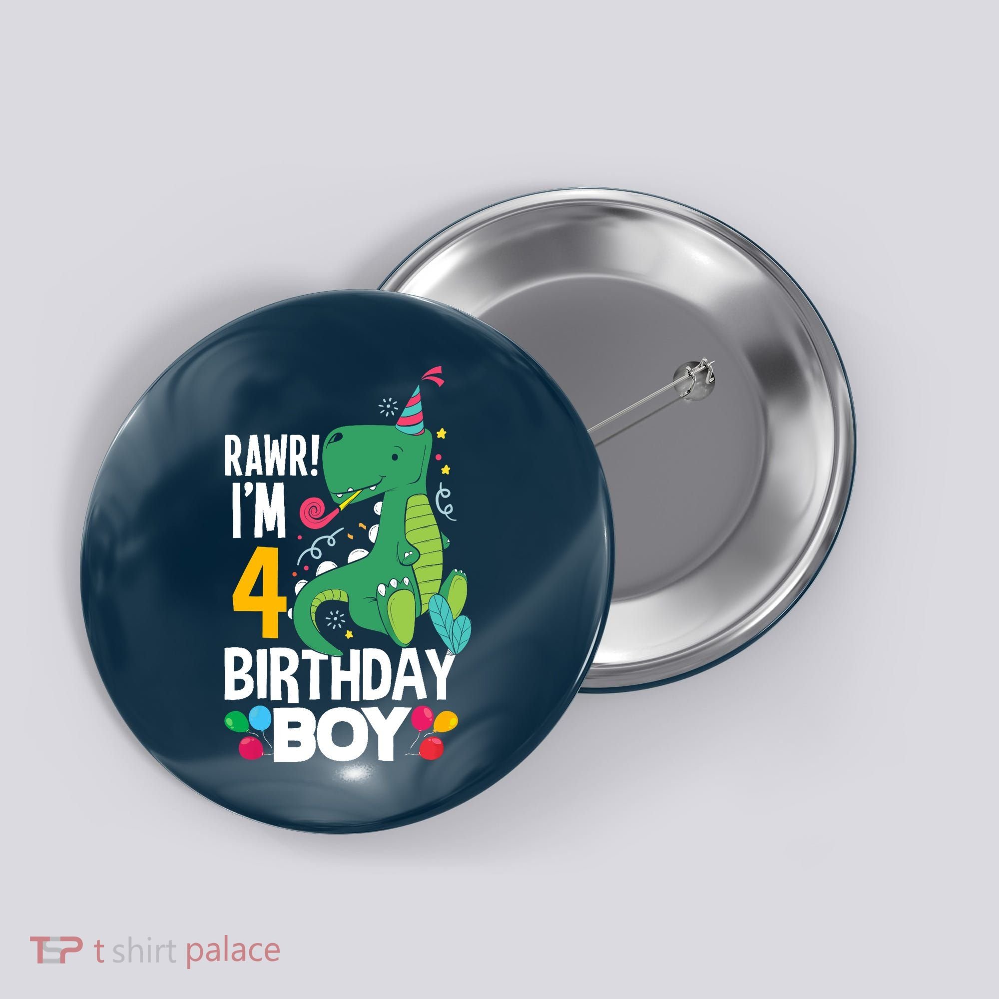 4th Birthday Boy 4 Year Old Birthday Boy T Rex Dinosaur Button