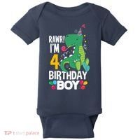 4th Birthday Boy 4 Year Old Birthday Boy T Rex Dinosaur Baby Bodysuit thumb 0