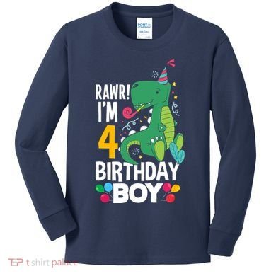 4th Birthday Boy 4 Year Old Birthday Boy T Rex Dinosaur Kids Long Sleeve Shirt