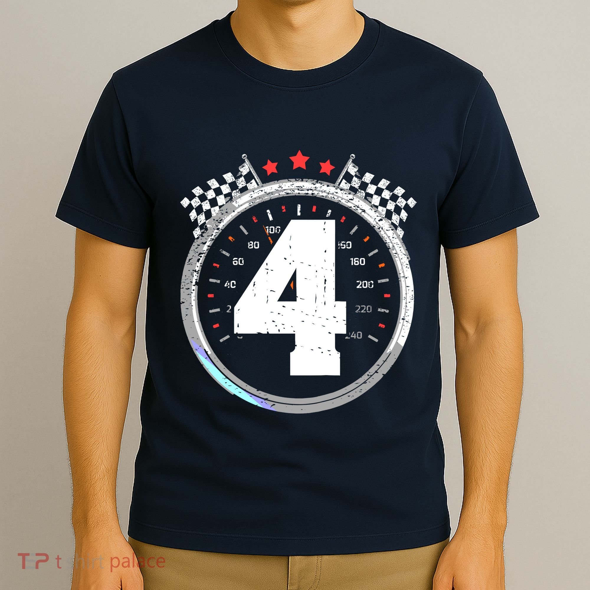 4th Birthday Boy 4 Fourth Race Car Birthday Racing Car Flag T-Shirt
