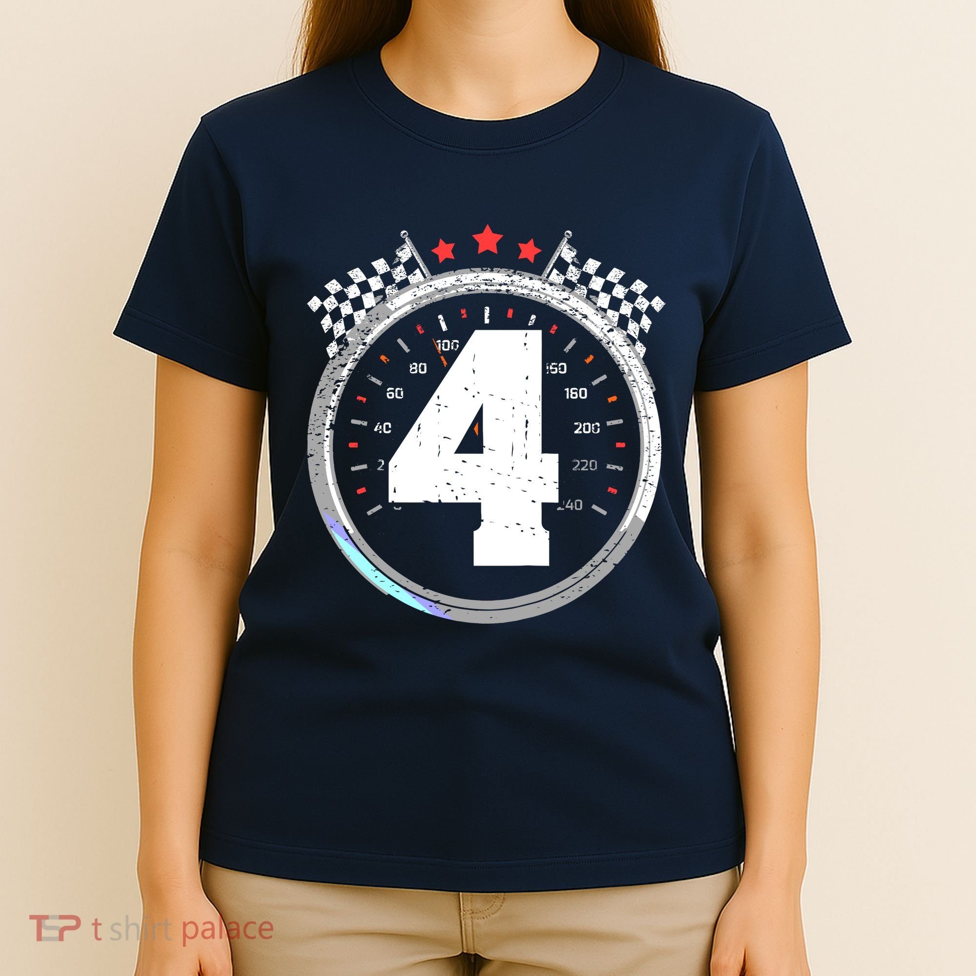 4th Birthday Boy 4 Fourth Race Car Birthday Racing Car Flag T-Shirt