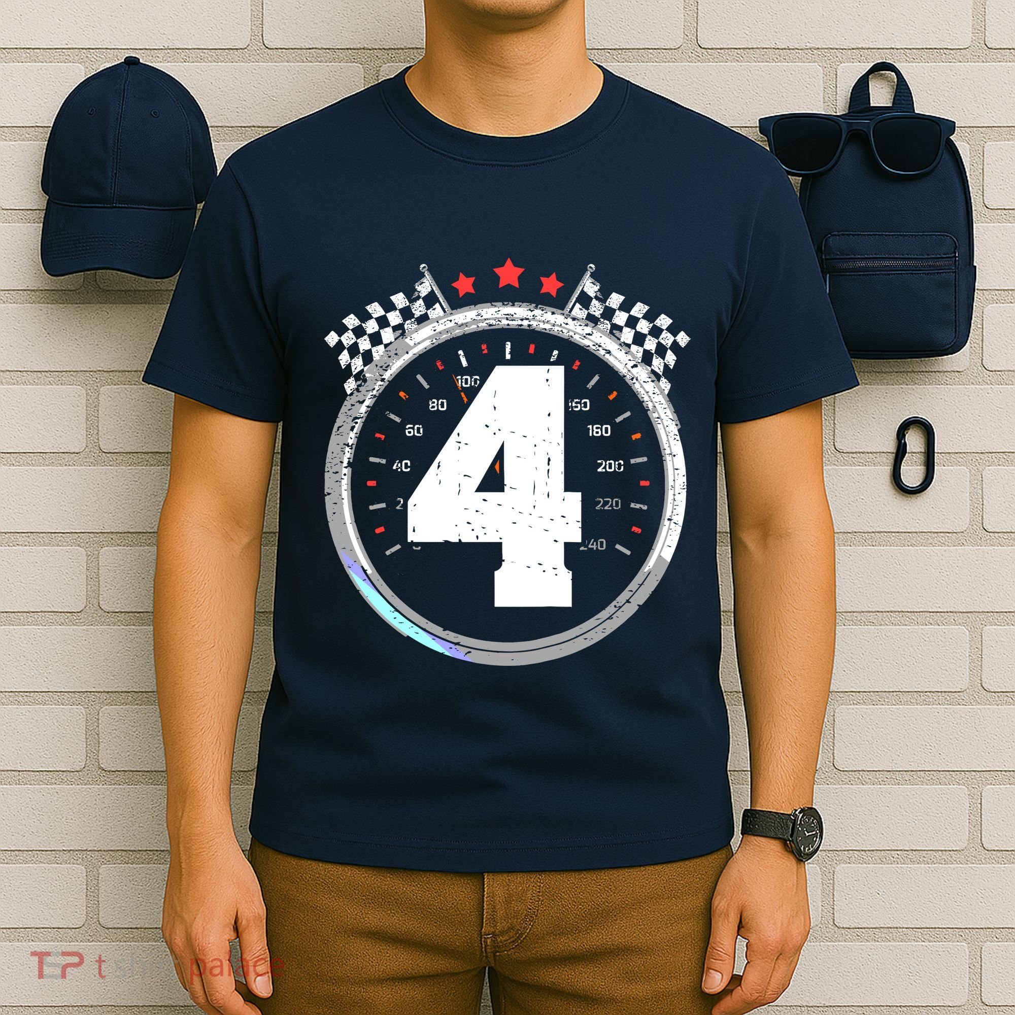 4th Birthday Boy 4 Fourth Race Car Birthday Racing Car Flag T-Shirt