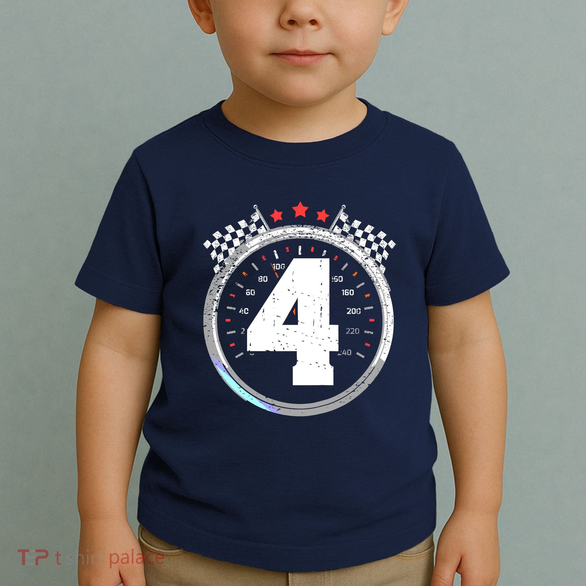 4th Birthday Boy 4 Fourth Race Car Birthday Racing Car Flag Toddler T-Shirt