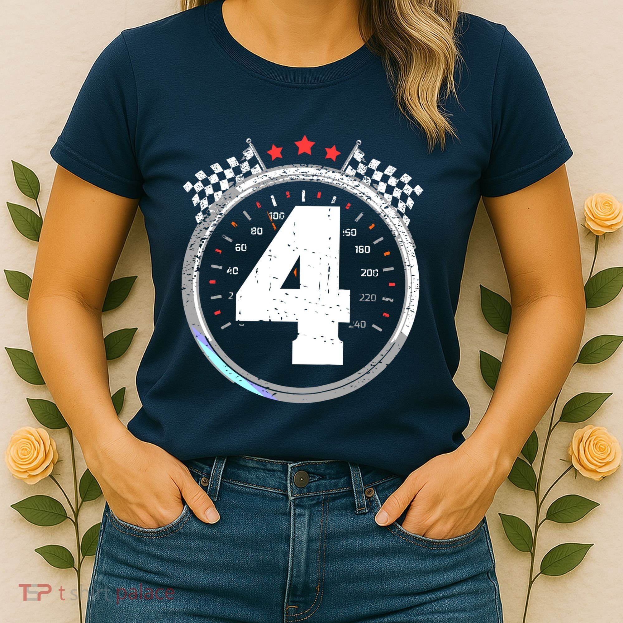4th Birthday Boy 4 Fourth Race Car Birthday Racing Car Flag Women's T-Shirt
