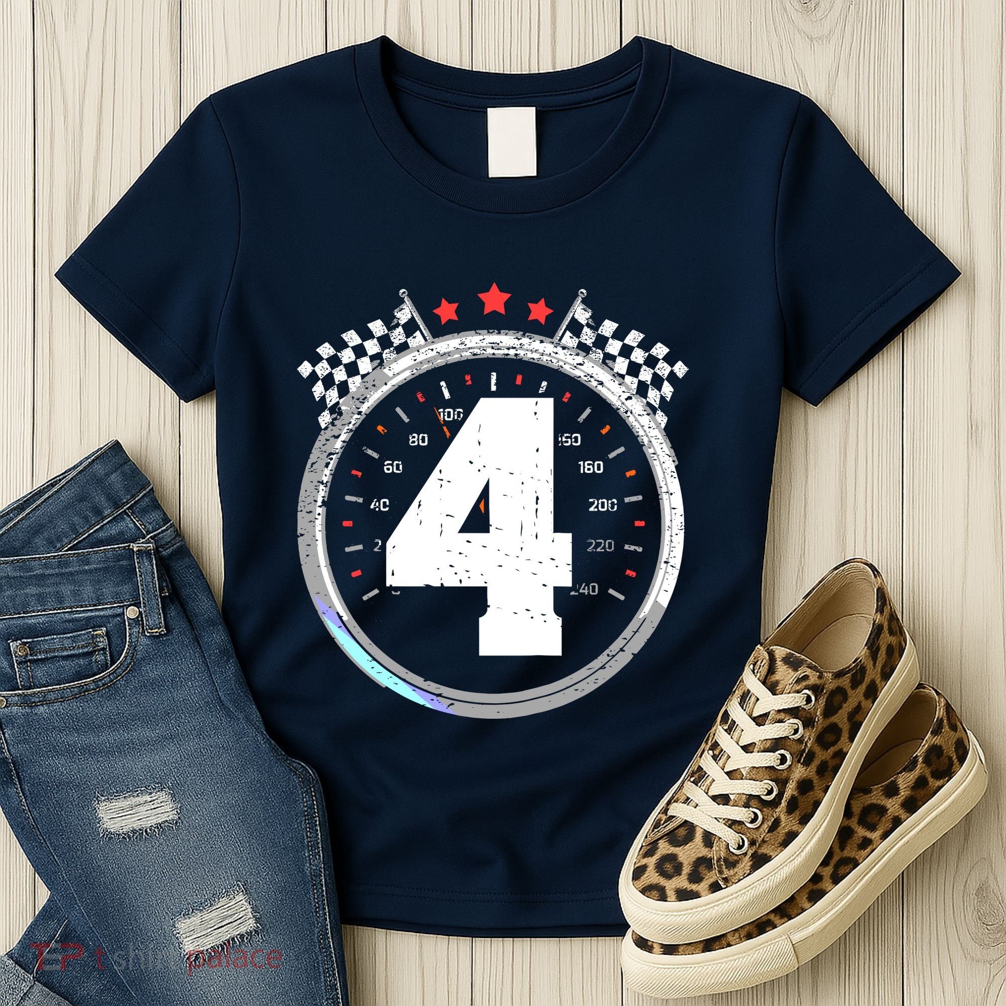 4th Birthday Boy 4 Fourth Race Car Birthday Racing Car Flag Women's T-Shirt