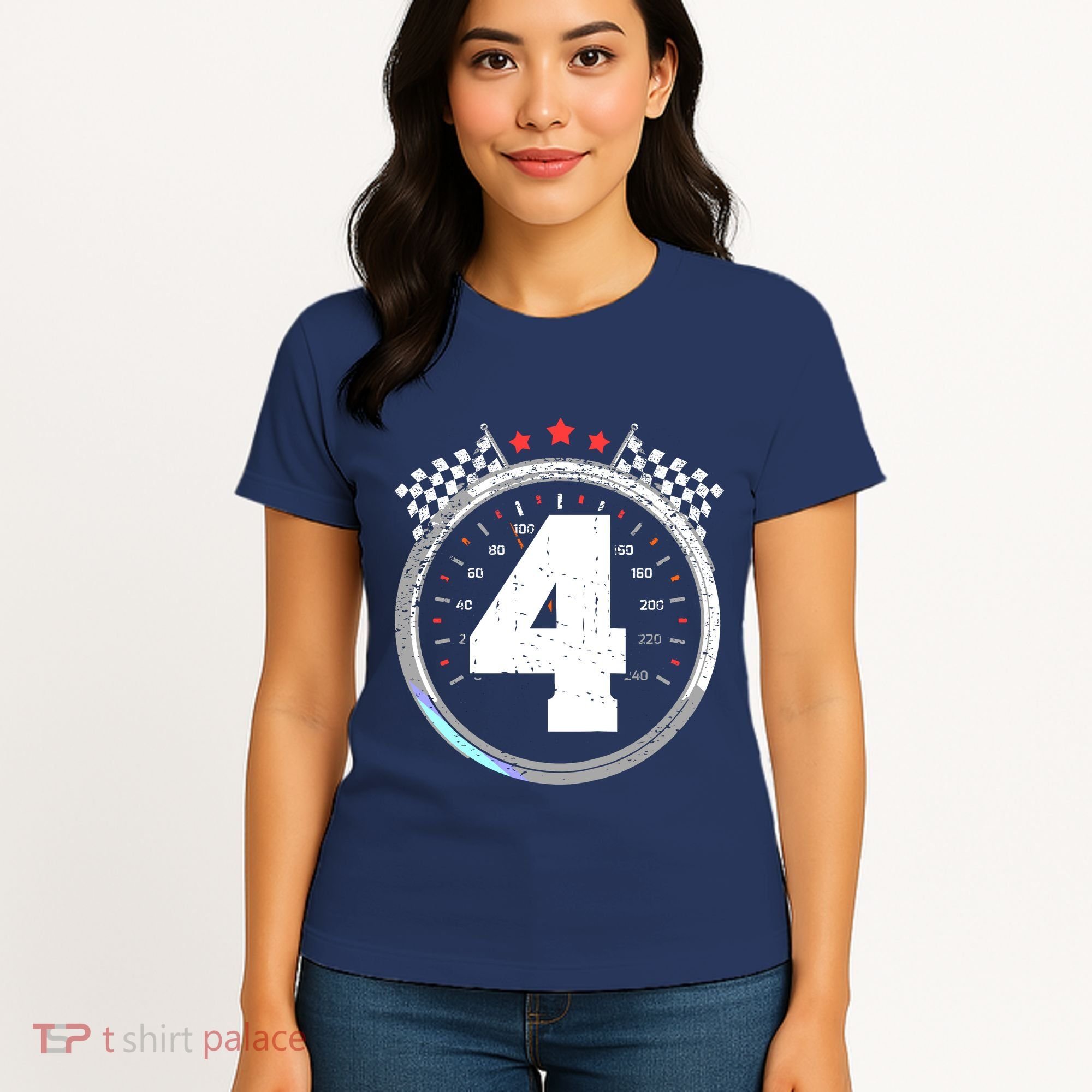 4th Birthday Boy 4 Fourth Race Car Birthday Racing Car Flag Women's T-Shirt
