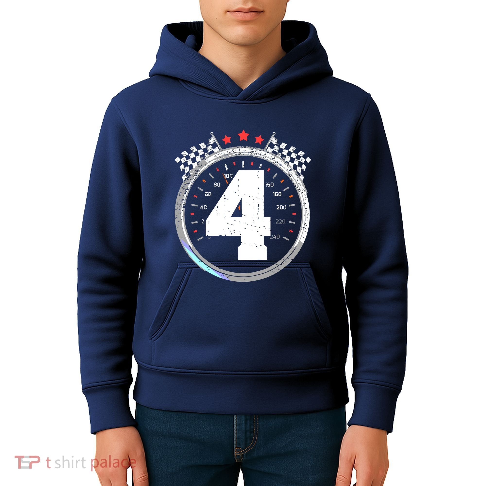 4th Birthday Boy 4 Fourth Race Car Birthday Racing Car Flag Kids Hoodie
