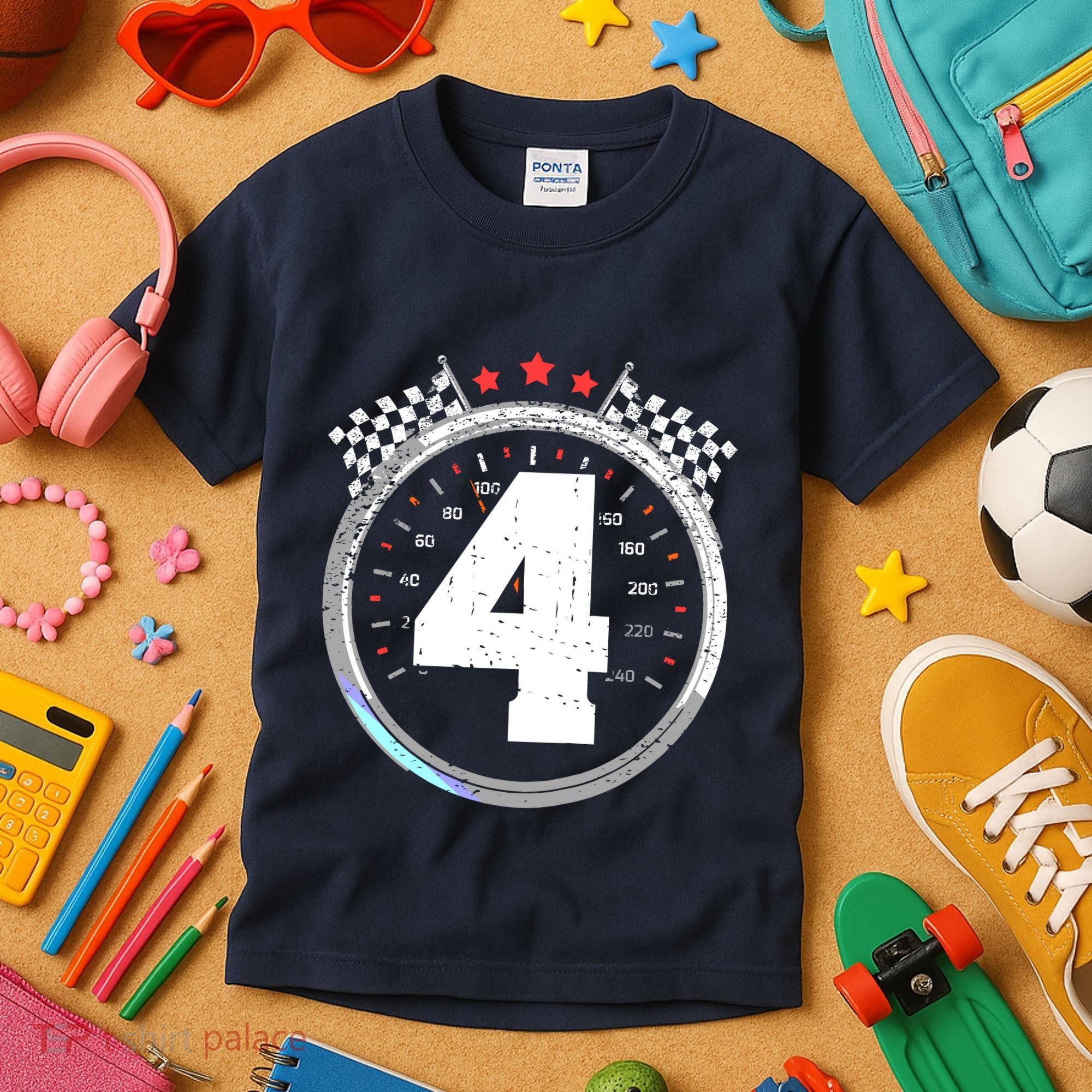 4th Birthday Boy 4 Fourth Race Car Birthday Racing Car Flag Kids T-Shirt