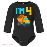 4th Birthday Cartoon Dump Toy Truck Construction I'M 4 Four Baby Long Sleeve Bodysuit thumb 0