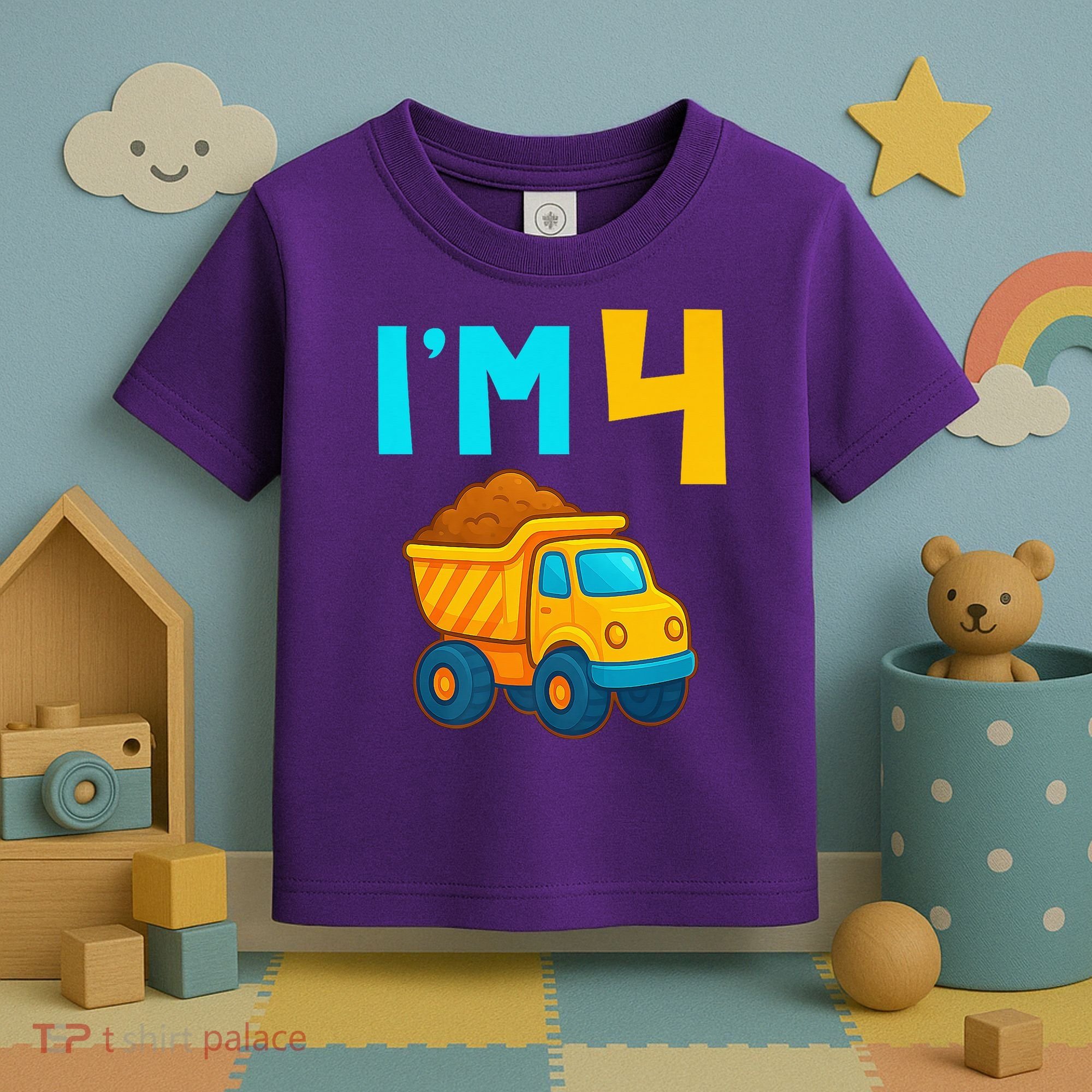 4th Birthday Cartoon Dump Toy Truck Construction I'M 4 Four Toddler T-Shirt