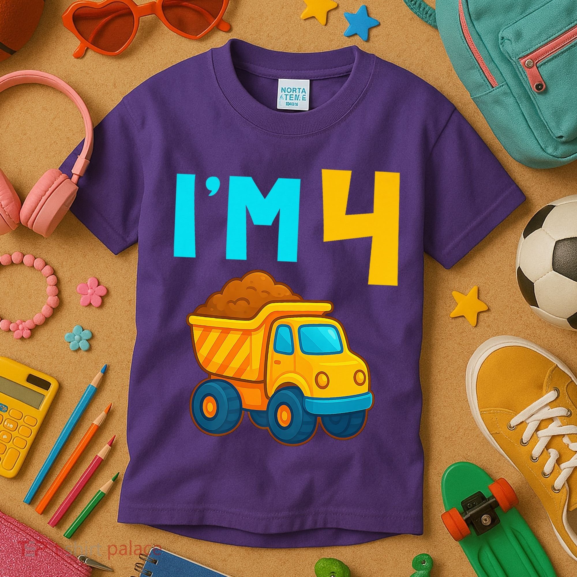 4th Birthday Cartoon Dump Toy Truck Construction I'M 4 Four Kids T-Shirt