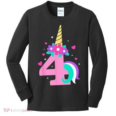 4th Birthday Cute Unicorn 4 Years Birthday Kids Long Sleeve Shirt