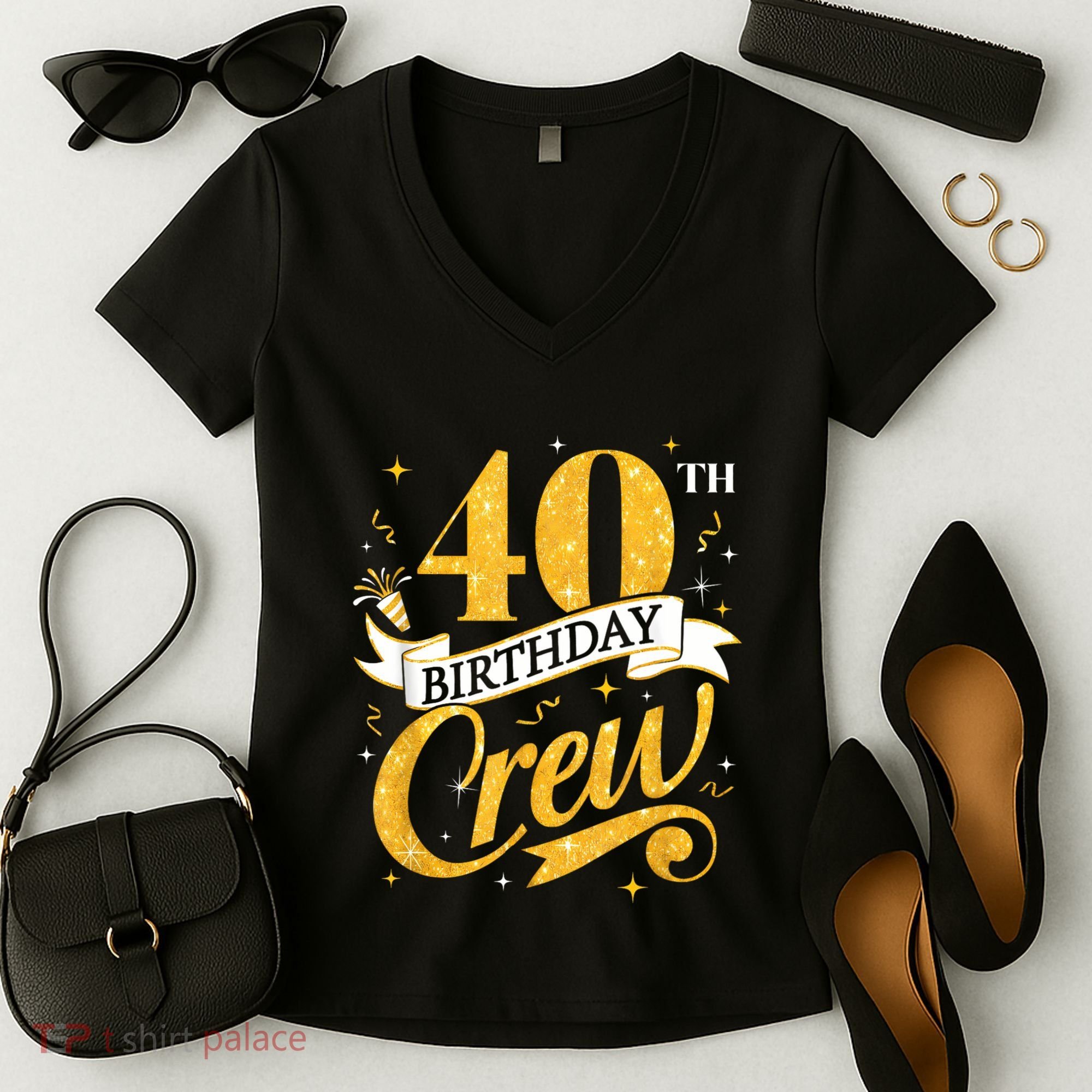 40th Birthday Crew 40th Bday Party Squad Friends Crown Funny Women's V-Neck T-Shirt