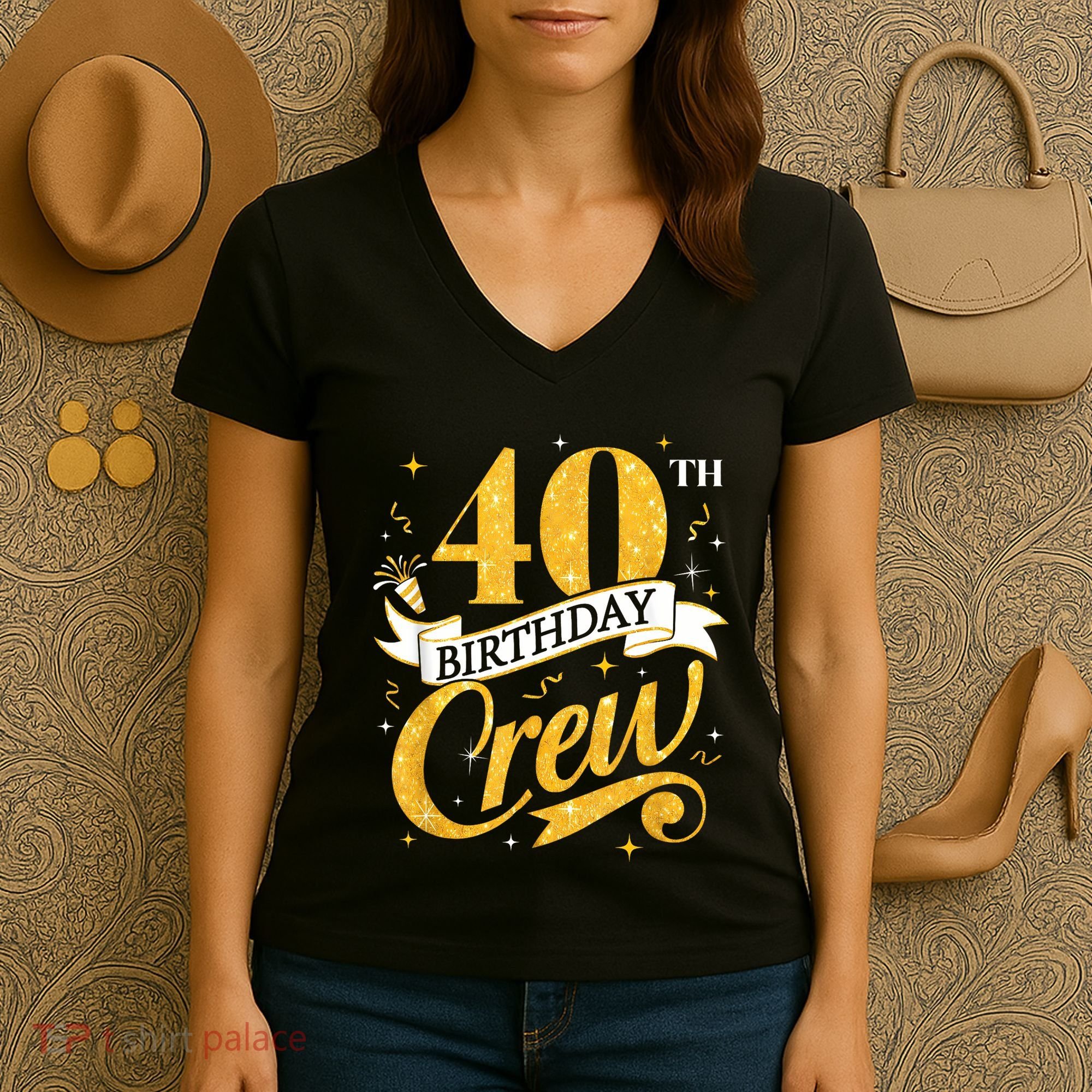 40th Birthday Crew 40th Bday Party Squad Friends Crown Funny Women's V-Neck T-Shirt