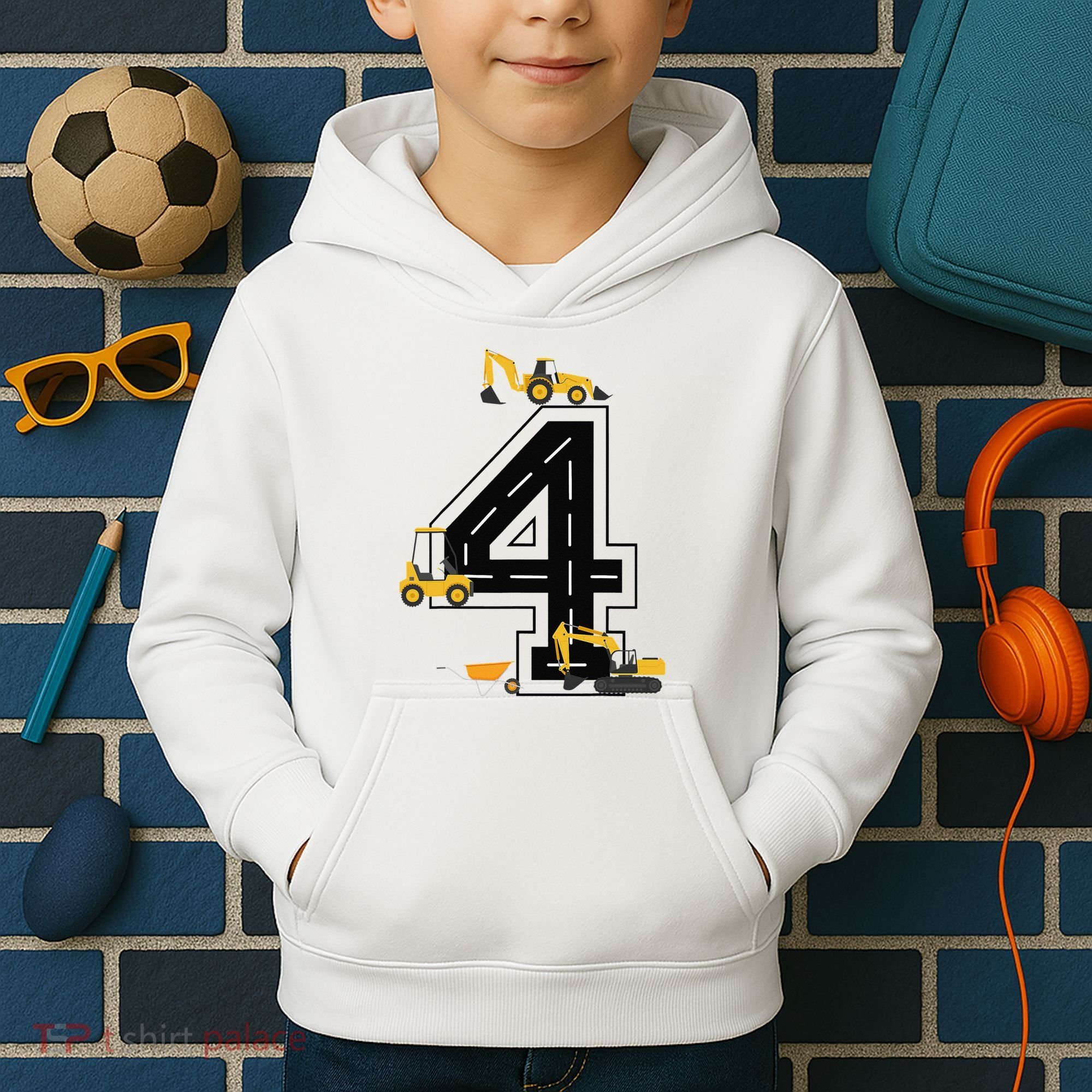 4th Birthday Crane Excavator Truck 4 Year Old Diggers Kids Hoodie