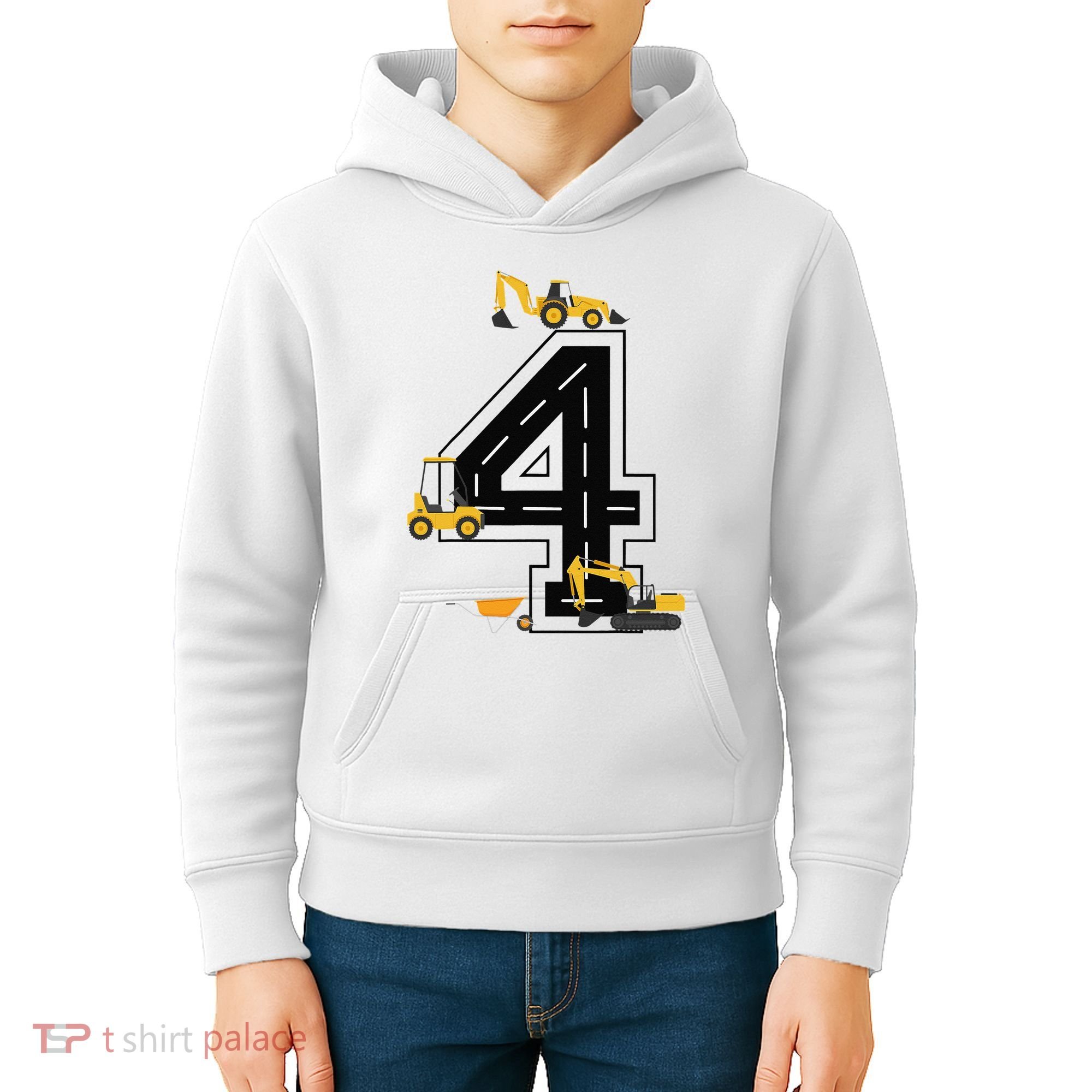 4th Birthday Crane Excavator Truck 4 Year Old Diggers Kids Hoodie