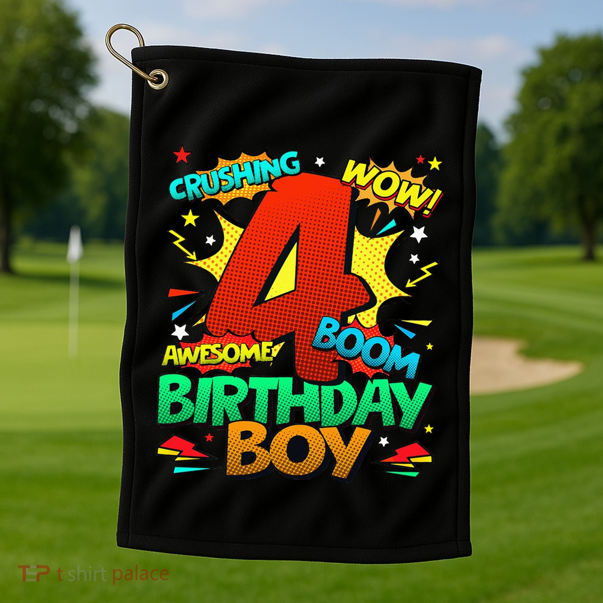 4th Birthday Kids Comic Style Kids 4 Year Old Gifts Golf Towel