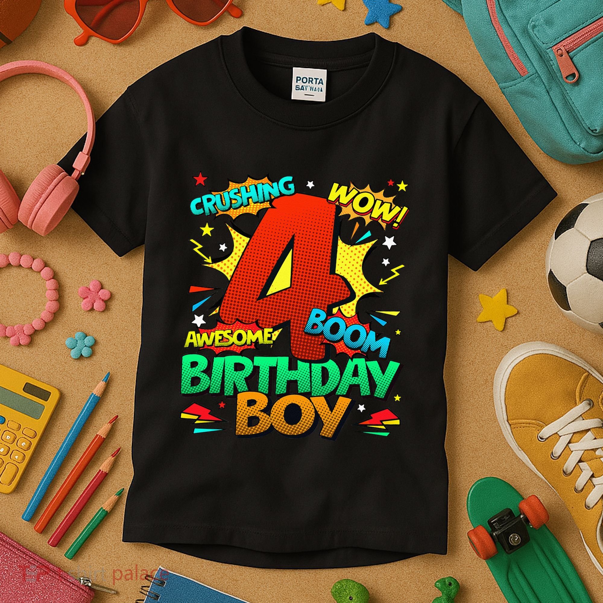 4th Birthday Kids Comic Style Kids 4 Year Old Gifts Kids T-Shirt