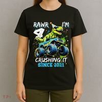 4th Birthday Monster Truck Dinosaur Party Boy Rawr Im 4 Gift T-Shirt thumb 4