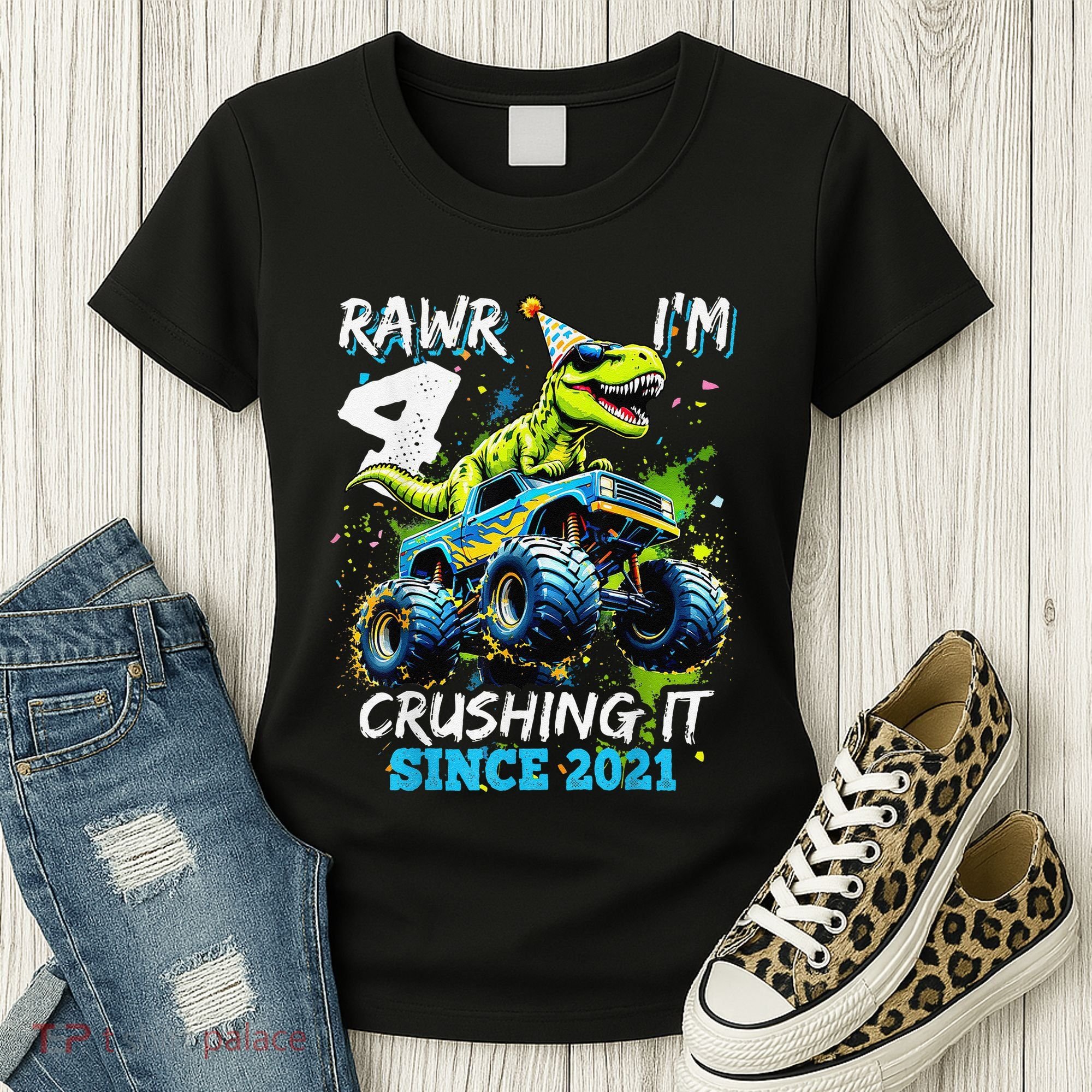 4th Birthday Monster Truck Dinosaur Party Boy Rawr Im 4 Gift Women's T-Shirt