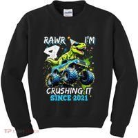 4th Birthday Monster Truck Dinosaur Party Boy Rawr Im 4 Gift Kids Sweatshirt thumb 0