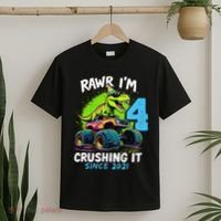 4th Birthday Monster Truck Dinosaur Party Boy Rawr IM 4 Gift T-Shirt thumb 2