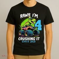 4th Birthday Monster Truck Dinosaur Party Boy Rawr IM 4 Gift T-Shirt thumb 3