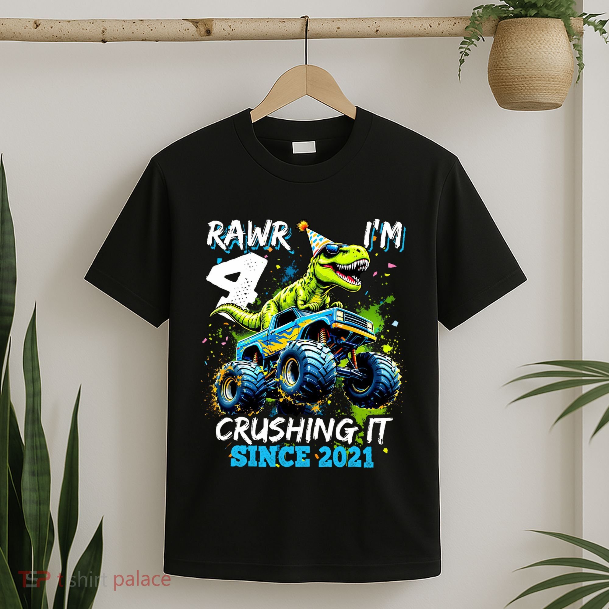 4th Birthday Monster Truck Dinosaur Party Boy Rawr Im 4 T-Shirt