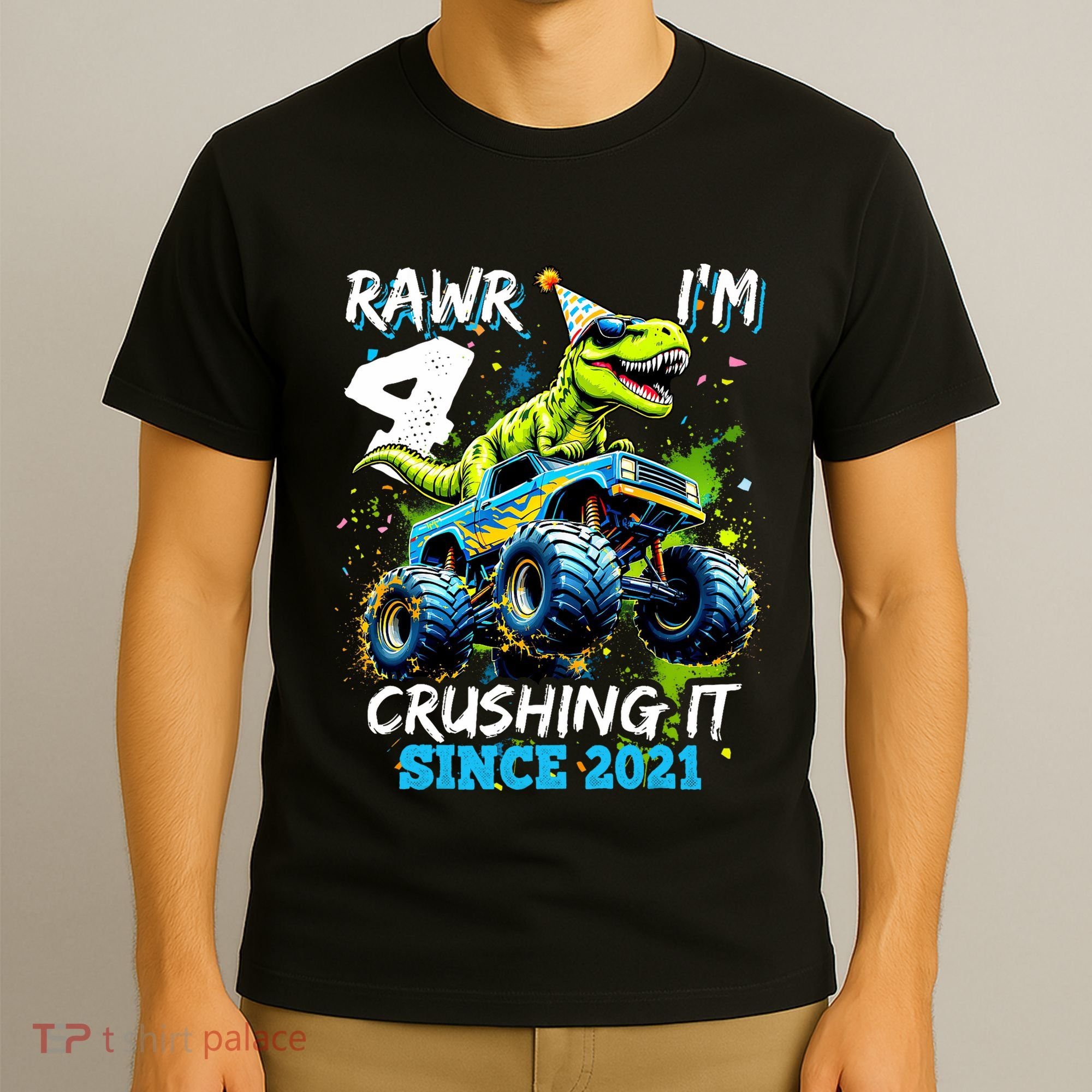 4th Birthday Monster Truck Dinosaur Party Boy Rawr Im 4 T-Shirt