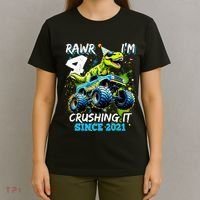 4th Birthday Monster Truck Dinosaur Party Boy Rawr Im 4 T-Shirt thumb 4