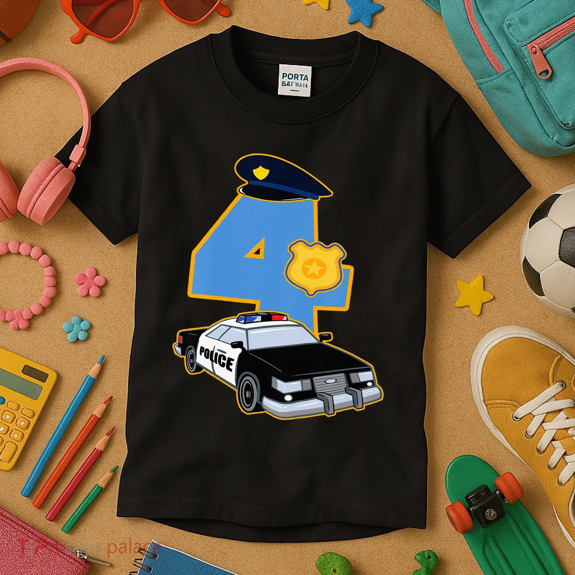 4th Birthday Police 4 Years Old Officer Car Costume Kids T-Shirt