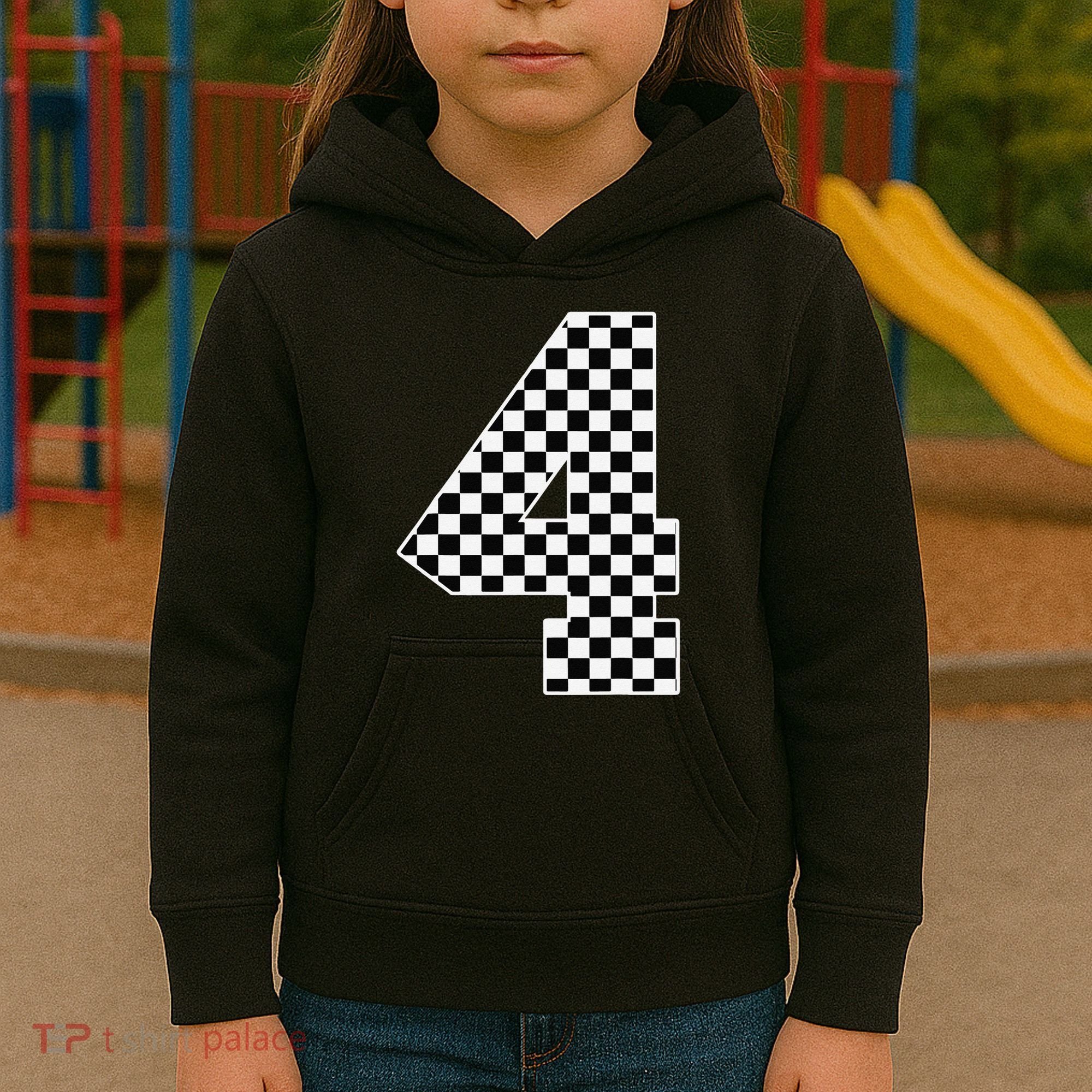 4th Birthday Race Car Four 4 Year Old Checkered Flag Kids Hoodie