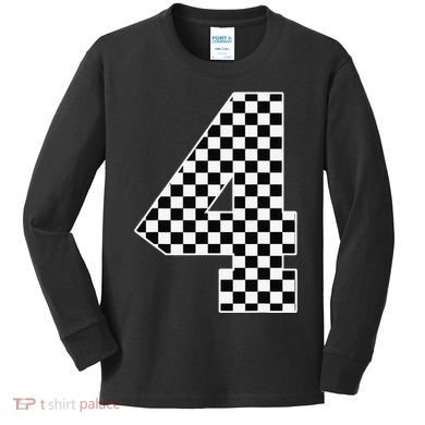 4th Birthday Race Car Four 4 Year Old Checkered Flag Kids Long Sleeve Shirt