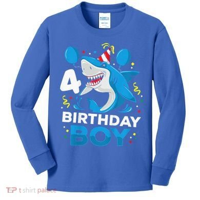 4th Birthday Shark Ocean Theme Party 4 Years Old Kids Long Sleeve Shirt
