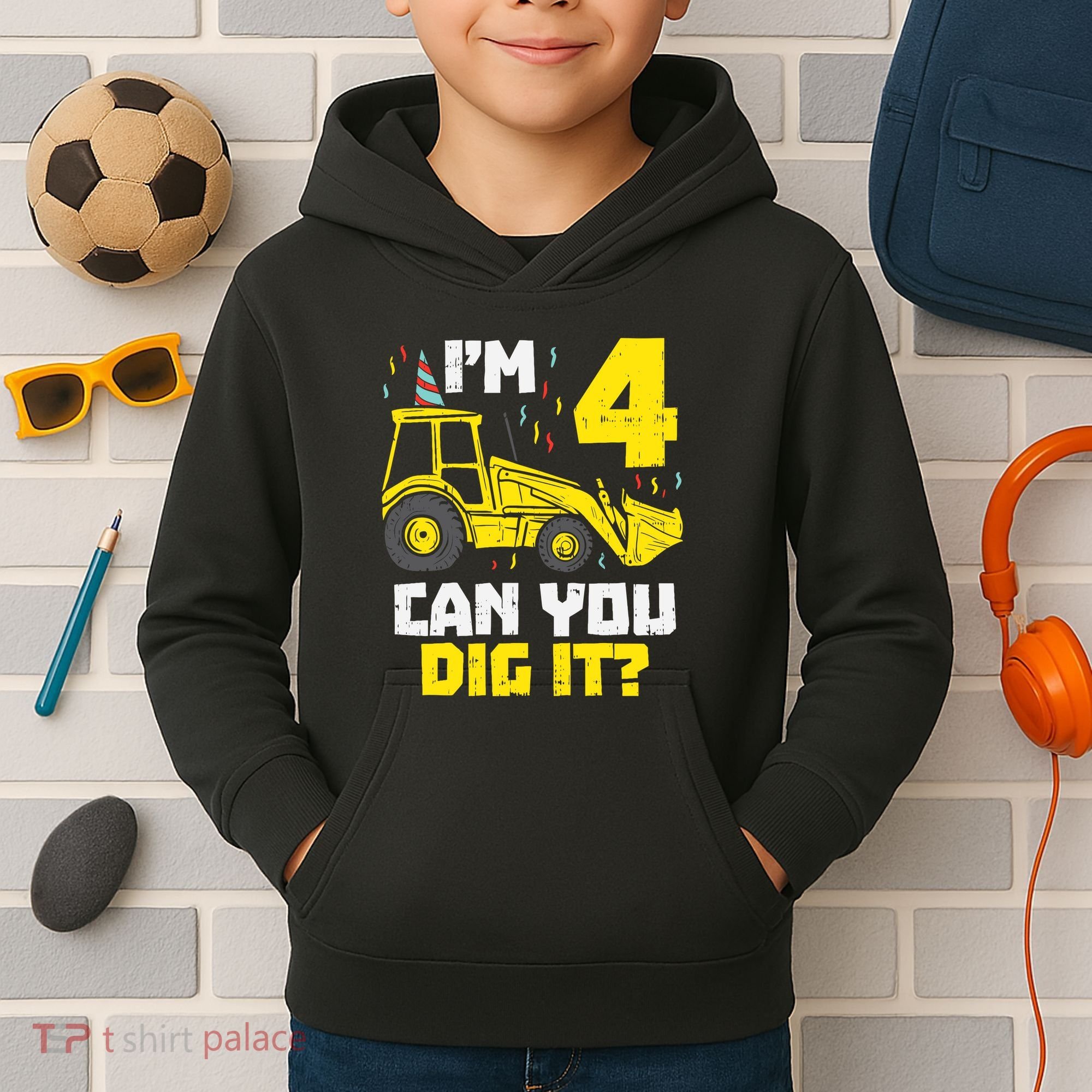 4 Can You Dig It Construction Truck 4th Birthday Boy Gift Kids Hoodie