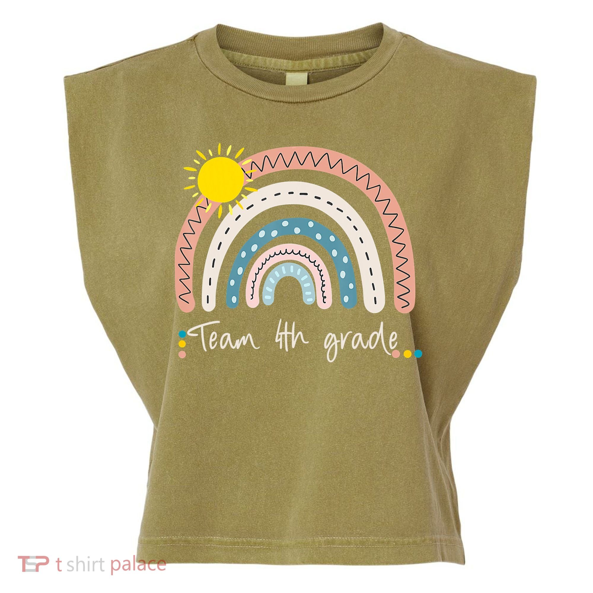 4Th Grade Of Team PreK Squad Crew Teacher Rainbow Garment-Dyed Women's Muscle Tee