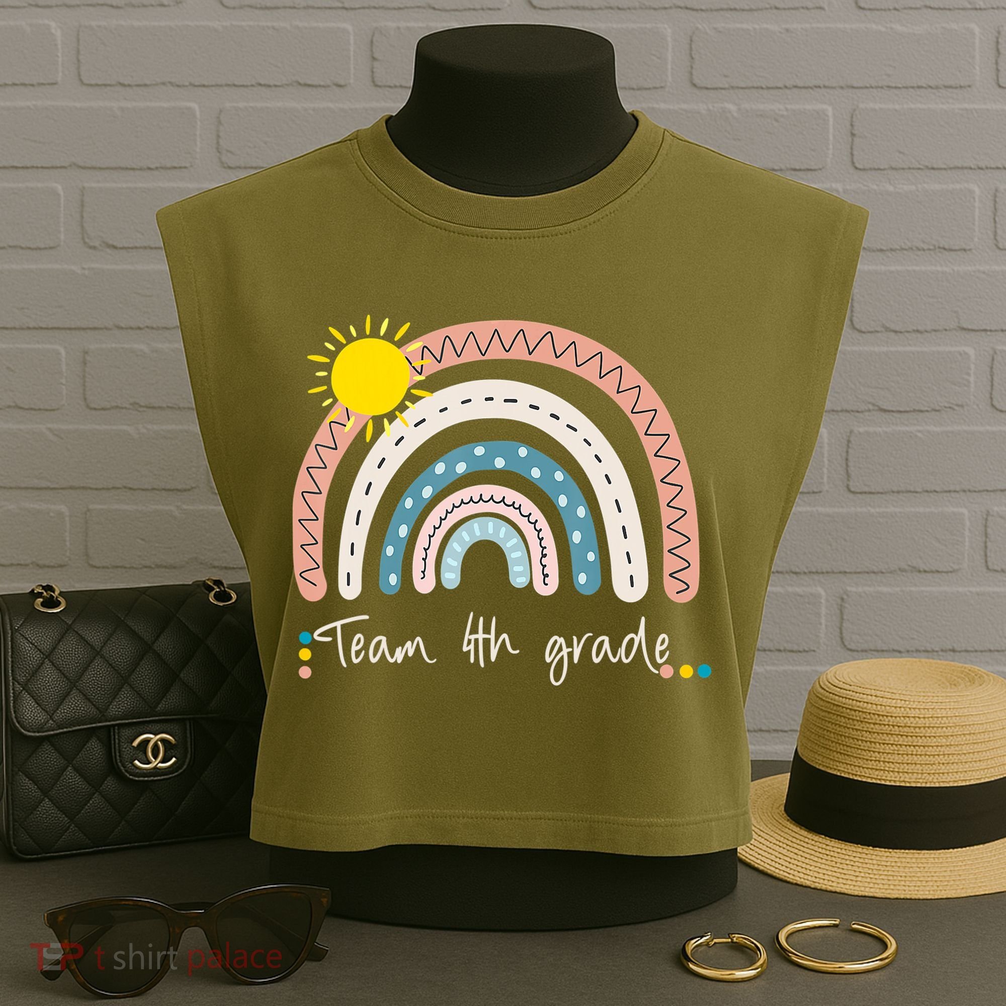 4Th Grade Of Team PreK Squad Crew Teacher Rainbow Garment-Dyed Women's Muscle Tee