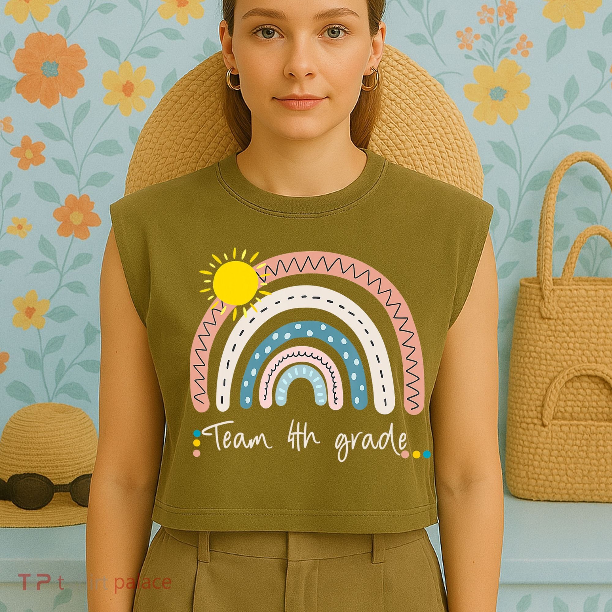 4Th Grade Of Team PreK Squad Crew Teacher Rainbow Garment-Dyed Women's Muscle Tee