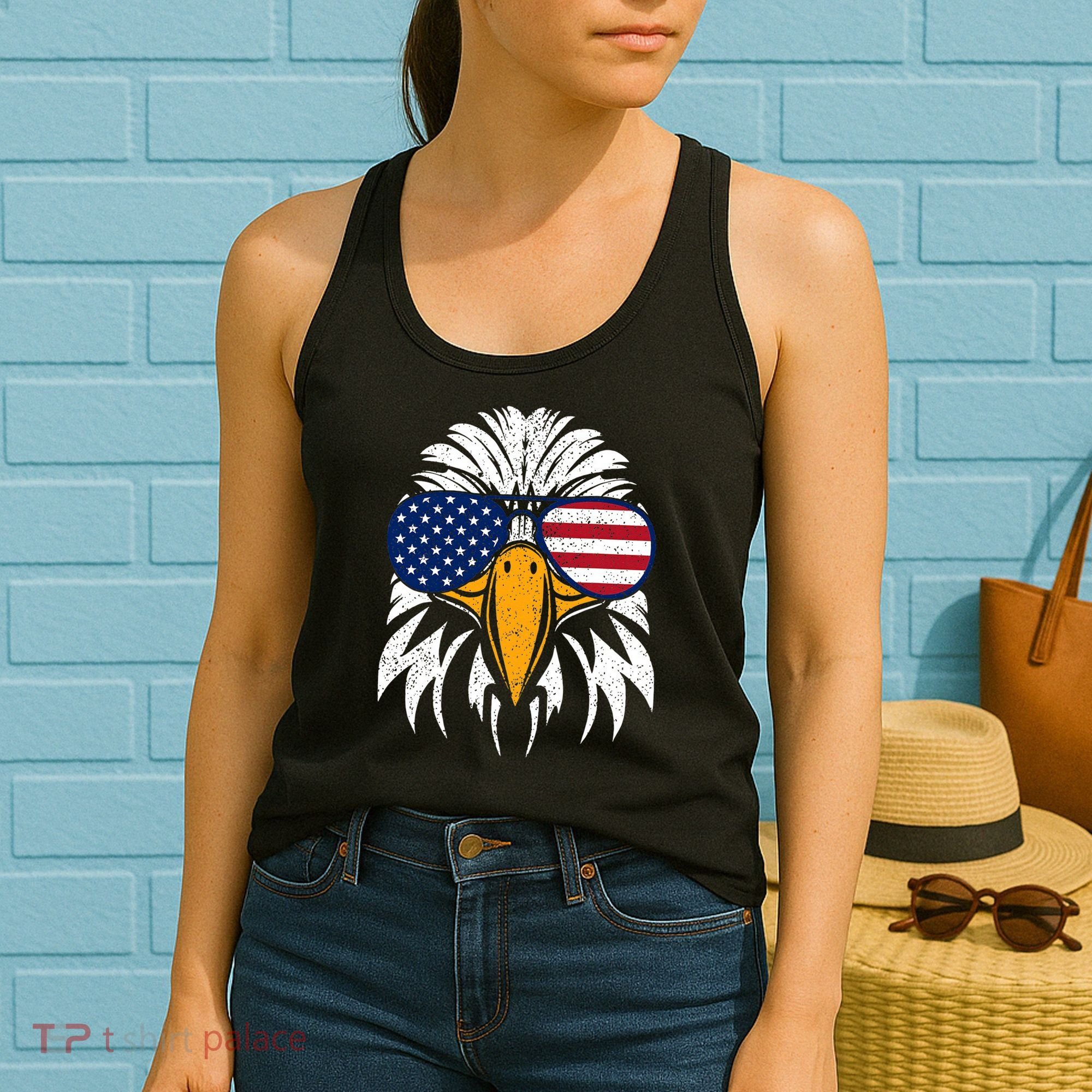 4th of July Bald Eagle Patriotic American Flag Glasses Women's Tank Top