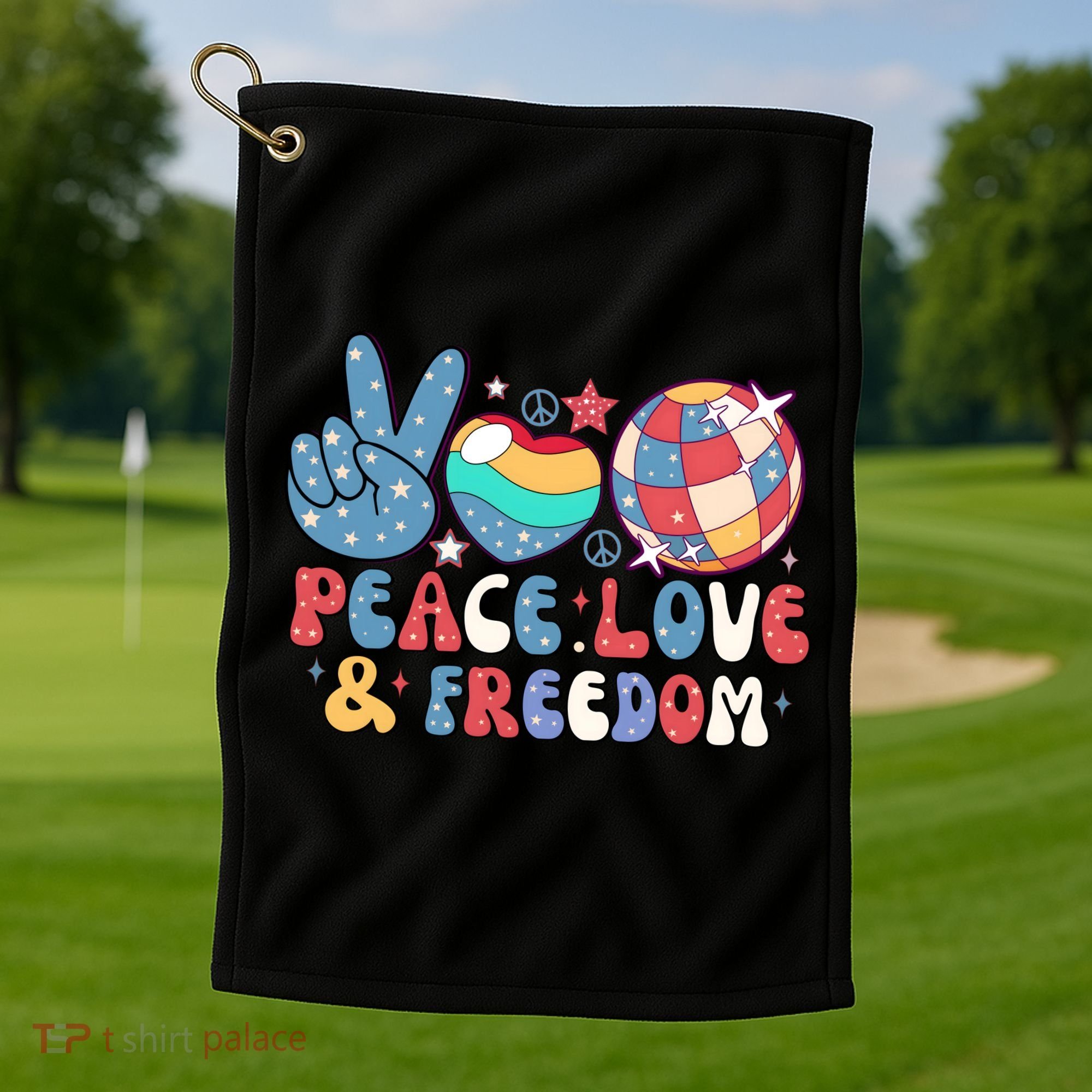 4th Of July Retro Peace Love & Freedom Gift Golf Towel