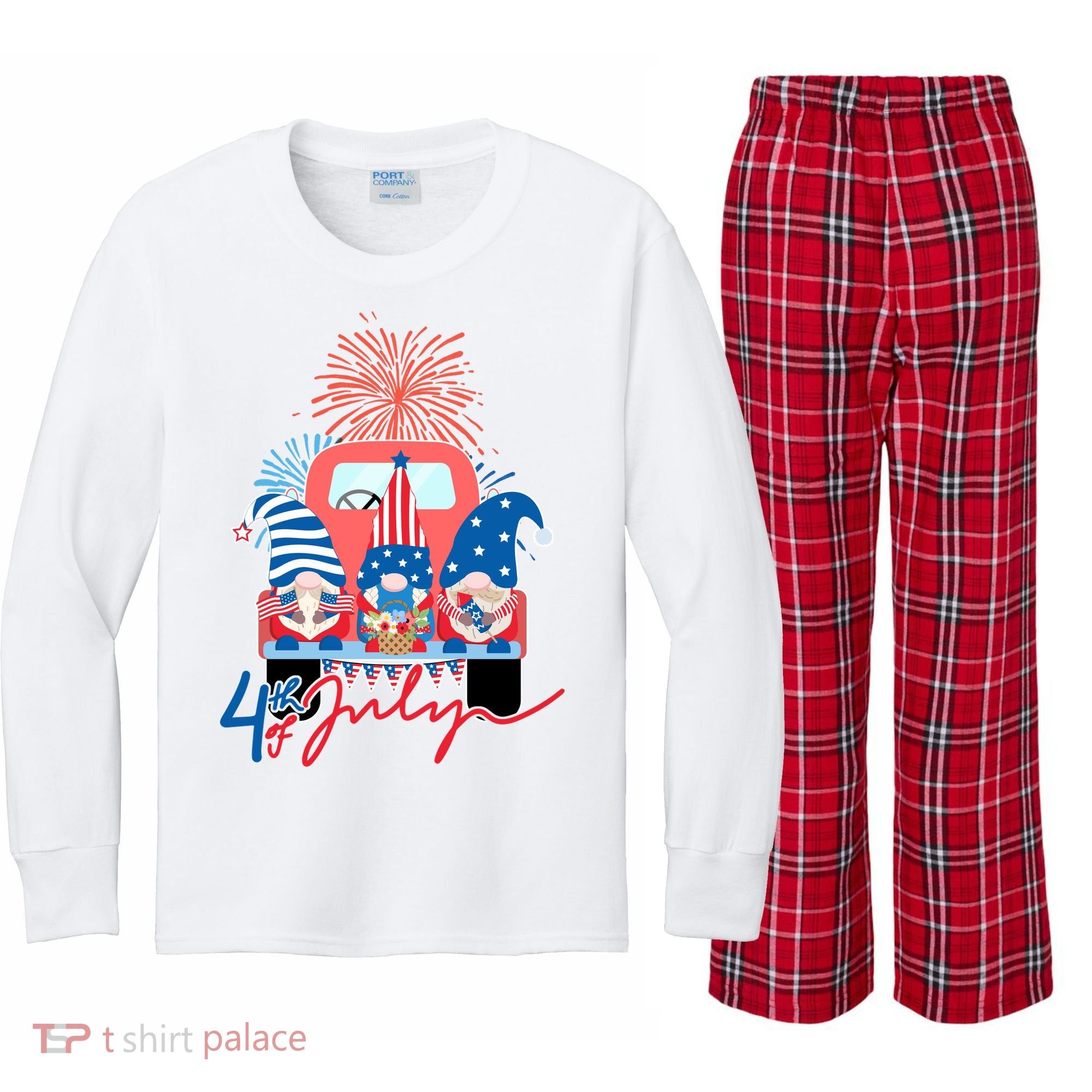 4th Of July Gnome Celebration Kids Long Sleeve Plaid Pajama Set