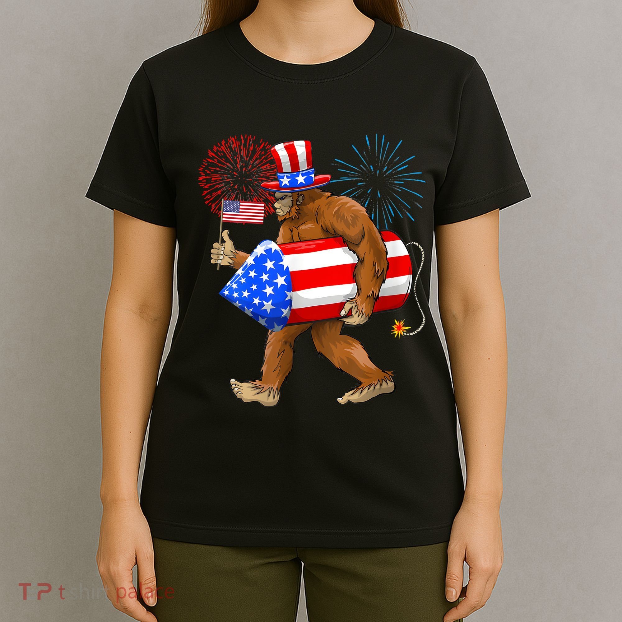 4th Of July Bigfoot American Flag Fireworks Sasquatch T-Shirt